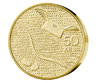 Photograph of a 50-kronor commemorative coin, Nordic Gold, reverse side, 150th anniversary of Sweden's first postage stamp