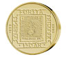 Photograph of a 50-kronor commemorative coin, Nordic Gold, obverse side, 150th anniversary of Sweden's first postage stamp