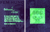 Picture of the banknote number which fluoresces (lights up) yellowish-green under ultraviolet light